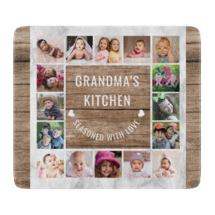 16 Photo Collage Grandma’s Kitchen Wood And Marble Cutting Board