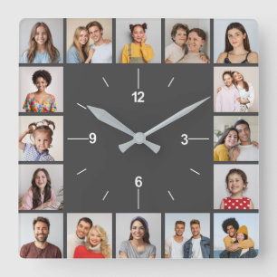 16 Photo Collage Grey and White Square Wall Clock