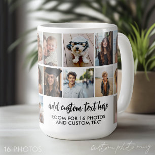 16 Photo Collage Grid - 2 Text boxes - black white Coffee Mug