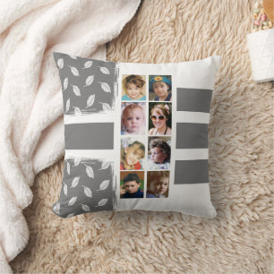 16 photo collage leaves stripes grey white cushion