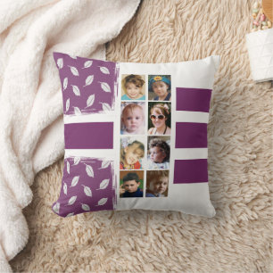 16 photo collage leaves stripes purple white cushion