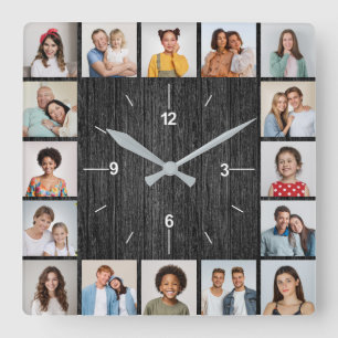 16 Photo Collage Light Black Faux Wood Fence Square Wall Clock
