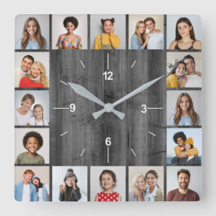 16 Photo Collage Light Grey Faux Wood Fence Square Wall Clock