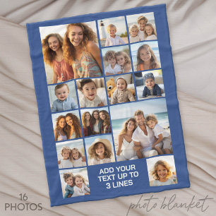 16 Photo Collage Montage and Text - Blue White Fleece Blanket