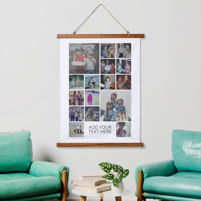 16 Photo Collage Montage and Text - Can Edit White Hanging Tapestry (Living Room)