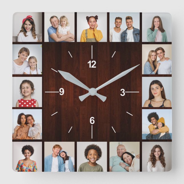 16 Photo Collage Red Faux Wood Fence Square Wall Clock (Front)