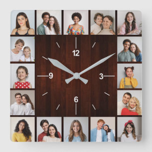 16 Photo Collage Red Faux Wood Fence Square Wall Clock