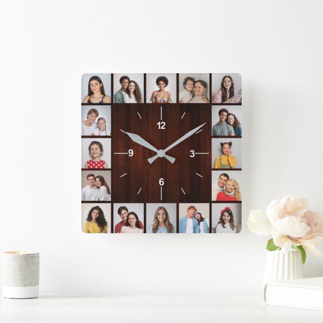 16 Photo Collage Red Faux Wood Fence Square Wall Clock (Home)