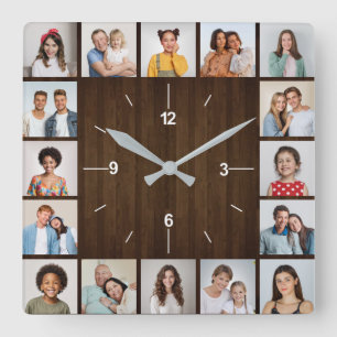 16 Photo Collage Rustic Dark Brown Wood Fence Square Wall Clock