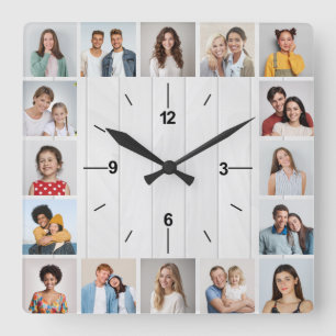 16 Photo Collage Rustic White Faux Wood Fence Square Wall Clock