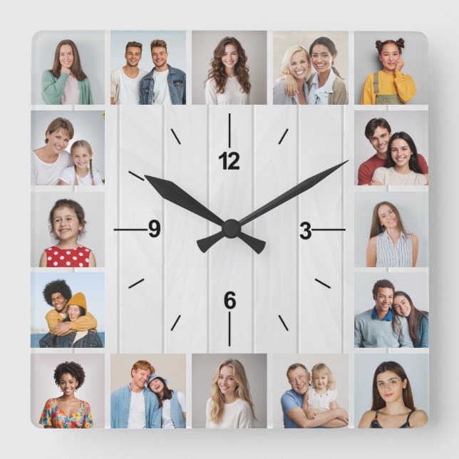 16 Photo Collage Rustic White Faux Wood Fence Square Wall Clock (Front)