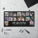 16 Photo Collage - Script White 2 Lines Text Desk Mat<br><div class="desc">This fun photo montage includes a place for 16 pictures or life highlights. The grid includes a space to add text in a trendy handwritten calligraphy font. For best results, crop your photos into squares before uploading. If you need to adjust the artwork or change the background colour, click on...</div>