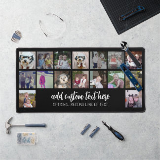 16 Photo Collage - Script White 2 Lines Text Desk Mat