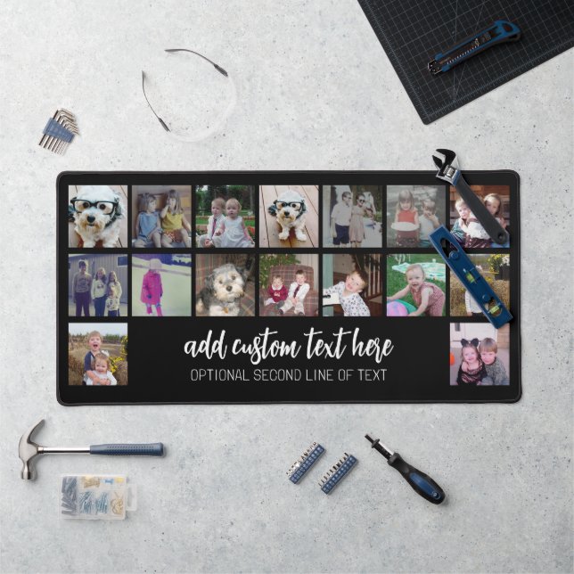 16 Photo Collage - Script White 2 Lines Text Desk Mat (Workstation)