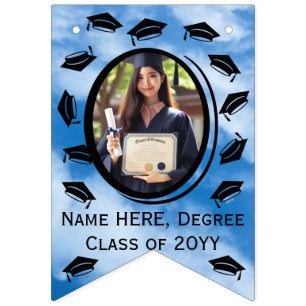 16-Photo Graduation Cap Throw in The Air, Blue Sky Bunting