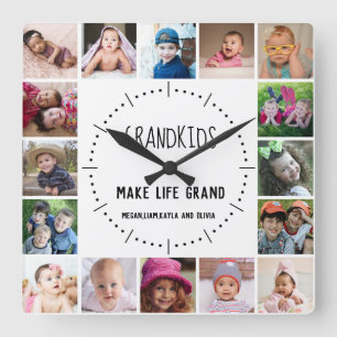 16 Photo Grandkids Make Life Grand Quote White Square Wall Clock
