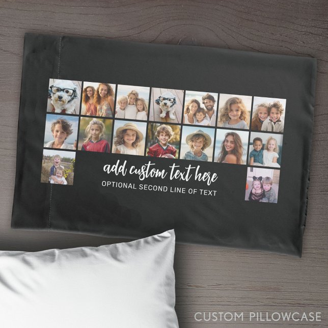 16 Photo Grid - 2 lines text - black white party Pillowcase (Create Your Own Photo Collage Pillowcase)