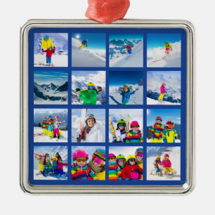 16 Photo Grid Collage Dark Blue Metal Ornament