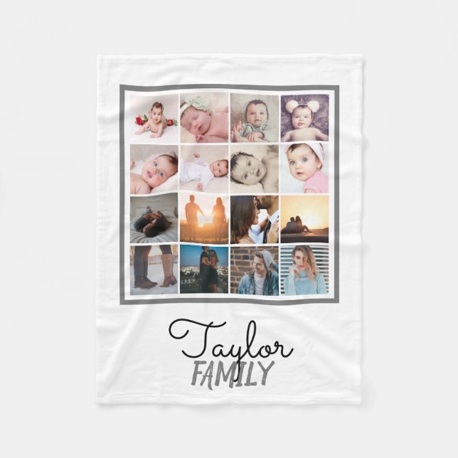 16 Photos Collage Personalised Template Fleece Blanket (Front)