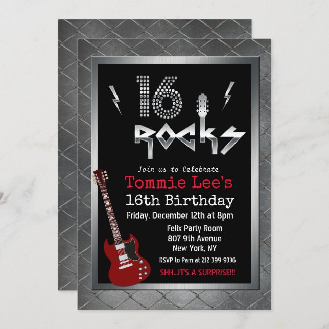 16 Rocks Rockstar Guitar 16th Birthday Invitation (Front/Back)