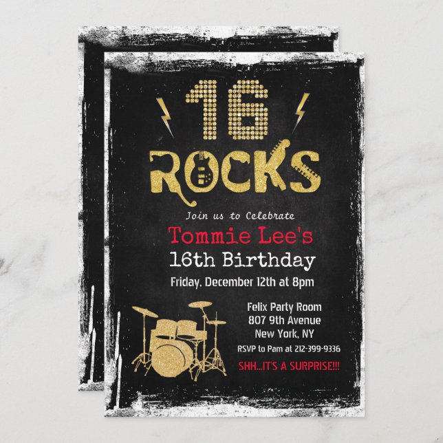 16 Rocks Rockstar Guitar 16th Birthday Invitation (Front/Back)