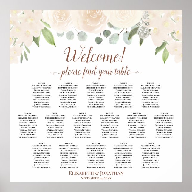 16 Table Blush Peach Roses Wedding Seating Chart (Front)