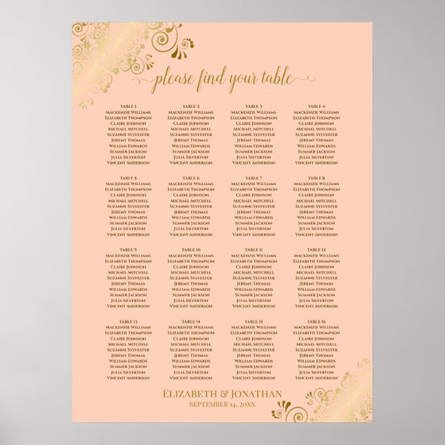 16 Table Coral Peach & Gold Wedding Seating Chart (Front)
