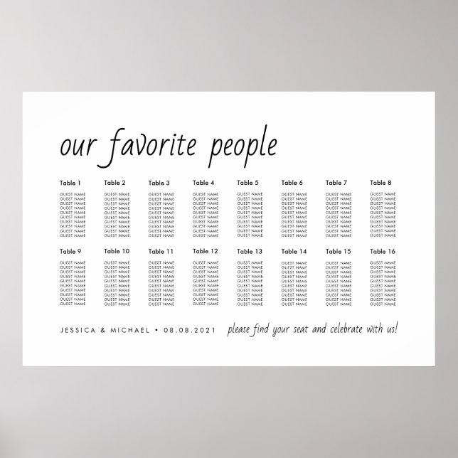 16 Table Elegant Wedding Guest Seating Chart (Front)