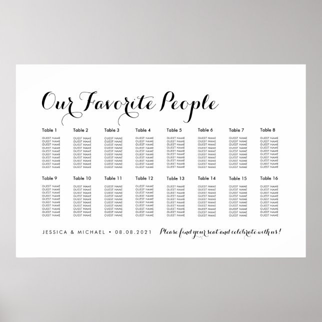 16 Table Elegant Wedding Guest Seating Chart (Front)