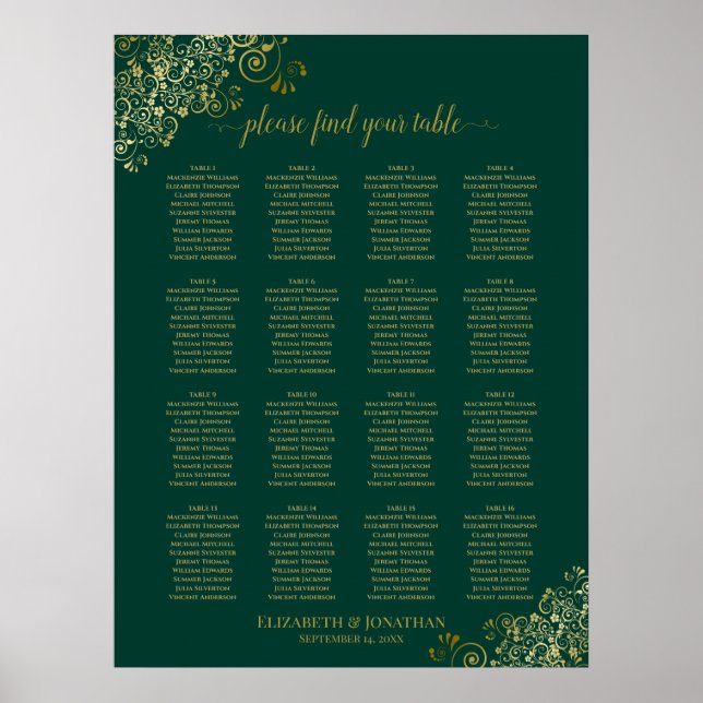 16 Table Emerald Green Wedding Seating Chart Gold (Front)