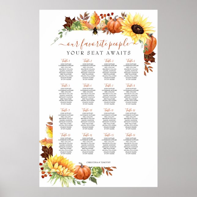 16 Table Fall Wedding Seating Chart Poster (Front)
