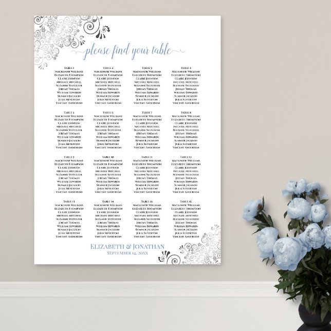 16 Table Frilly Wedding Seating Chart White & Blue (In Situ on Wall with Flowers)