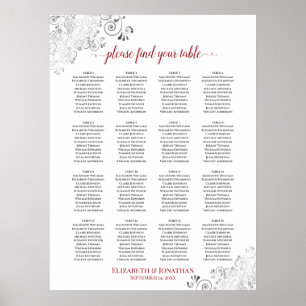 16 Table Frilly Wedding Seating Chart White & Red