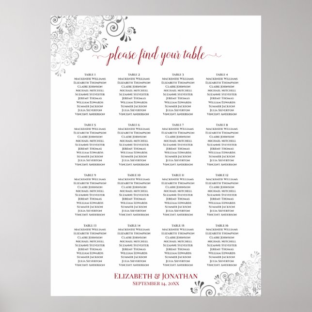 16 Table Frilly Wedding Seating Chart White & Red (Front)