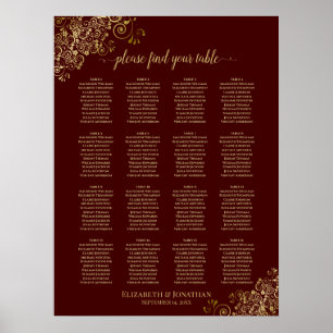 16 Table Lacy Gold Wedding Seating Chart Burgundy