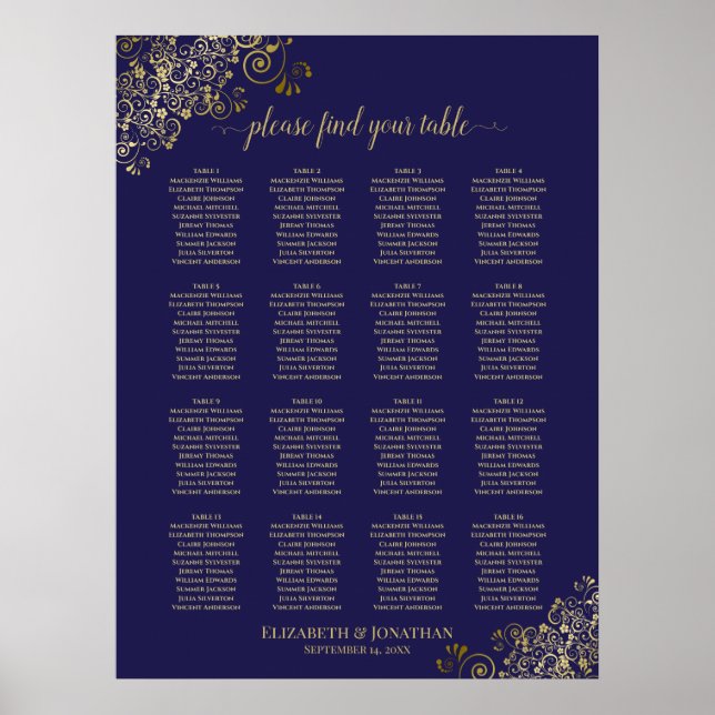16 Table Lacy Gold Wedding Seating Chart Navy Blue (Front)