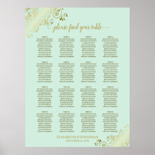 16 Table Mint Green & Gold Wedding Seating Chart
