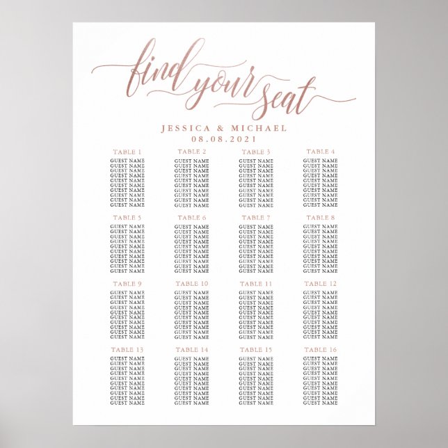 16 Table Rose Gold Wedding Guest Seating Chart (Front)