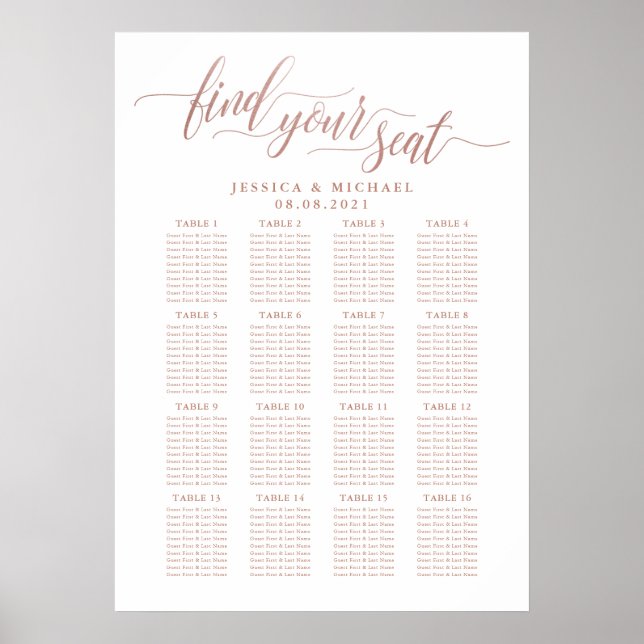 16 Table Rose Gold Wedding Guest Seating Chart (Front)