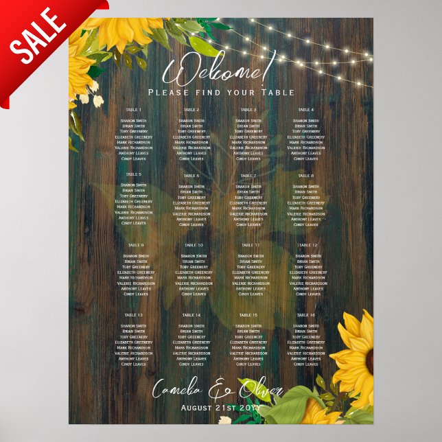 16 Table Rustic Sunflowers SEATING CHART BUDGET (Creator Uploaded)