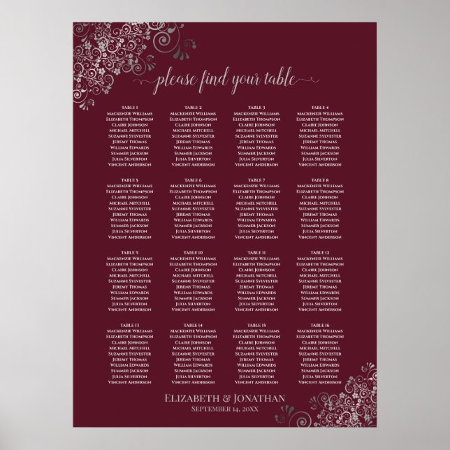 16 Table Silver on Burgundy Wedding Seating Chart (Front)