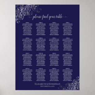 16 Table Silver on Navy Blue Wedding Seating Chart