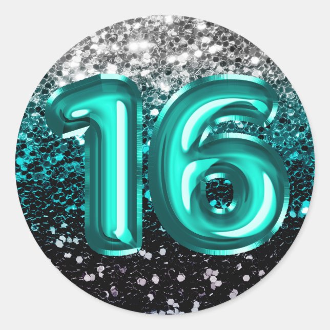 16 Teal Foil Balloons Sparkly Multi Glitter Classic Round Sticker (Front)