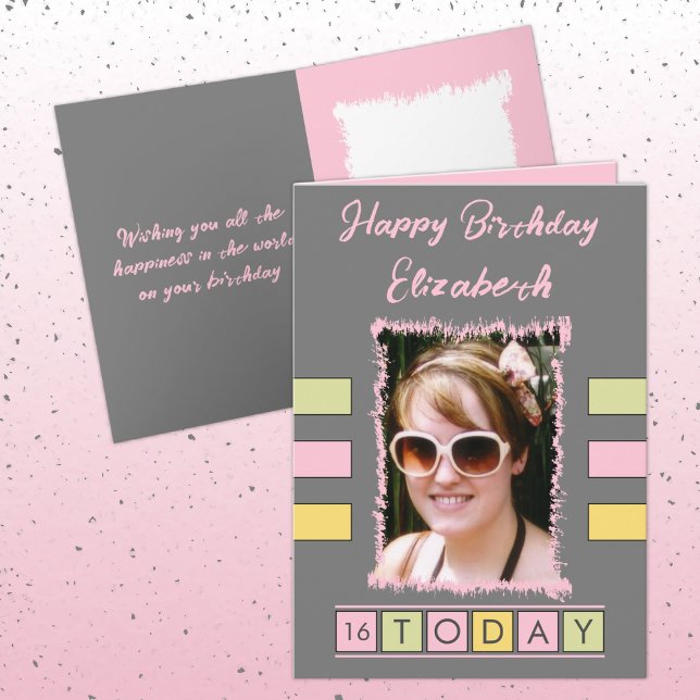 16 today add photo and name grey pink birthday card (Creator Uploaded)