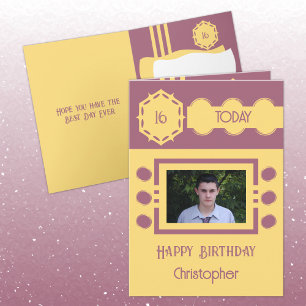 16 today add photo name yellow purple birthday card