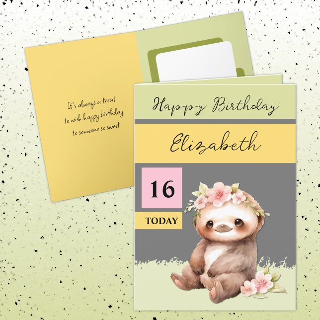 16 today sloth add name grey pink birthday card (Creator Uploaded)