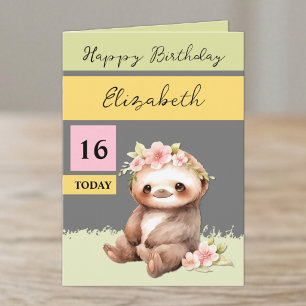 16 today sloth add name grey pink birthday card