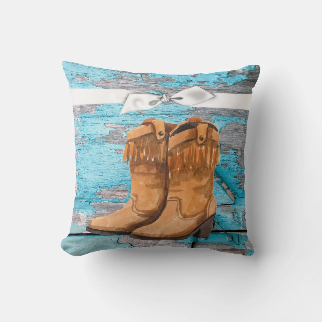 16"x16" Throw Pillow Blue Wood Barn Door Boots Cou (Front)