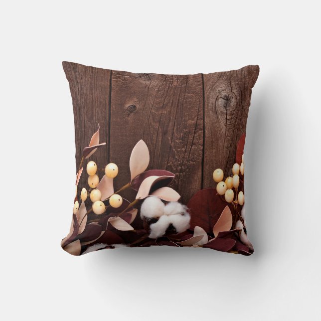 16"x16" Throw Pillow Cotton Branch on Dark Wood St (Front)