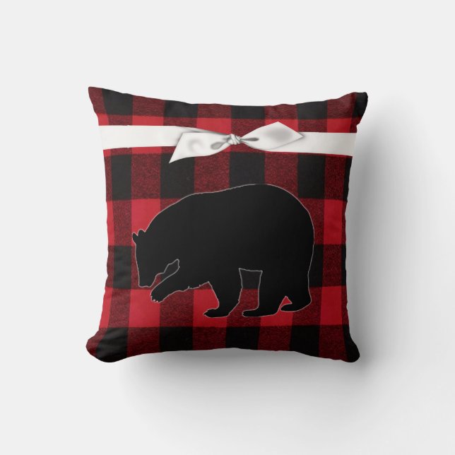 16"x16" Throw Pillow Red Buffalo Plaid Bear Black (Front)